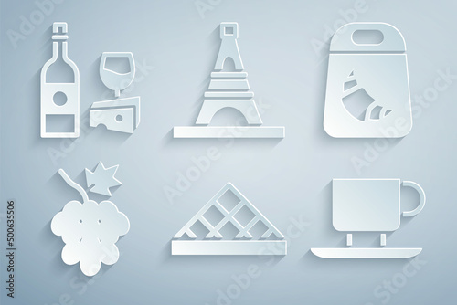 Set Louvre museum, Croissant package, Grape fruit, Coffee cup, Eiffel tower and Wine bottle with cheese icon. Vector