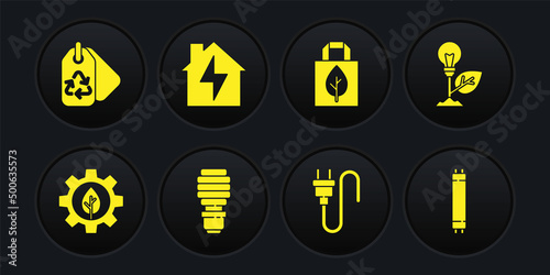 Set Leaf plant in gear machine, Light bulb with leaf, LED light, Electric plug, Shopping bag recycle, House and lightning, Fluorescent lamp and Tag icon. Vector