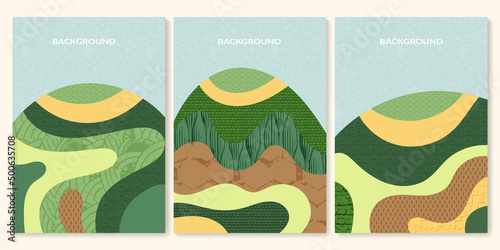 Abstract rice field with green texture vector illustration background. Set of mountain agriculture landscape poster. Ecology countryside, hill shape, decoration collection of eco farmland, nature art