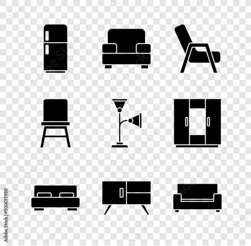 Set Refrigerator, Armchair, Big bed, Chest of drawers, Sofa, Chair and Floor lamp icon. Vector