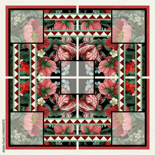 Design scarf with victorian botanical flowers. Trendy vector print.