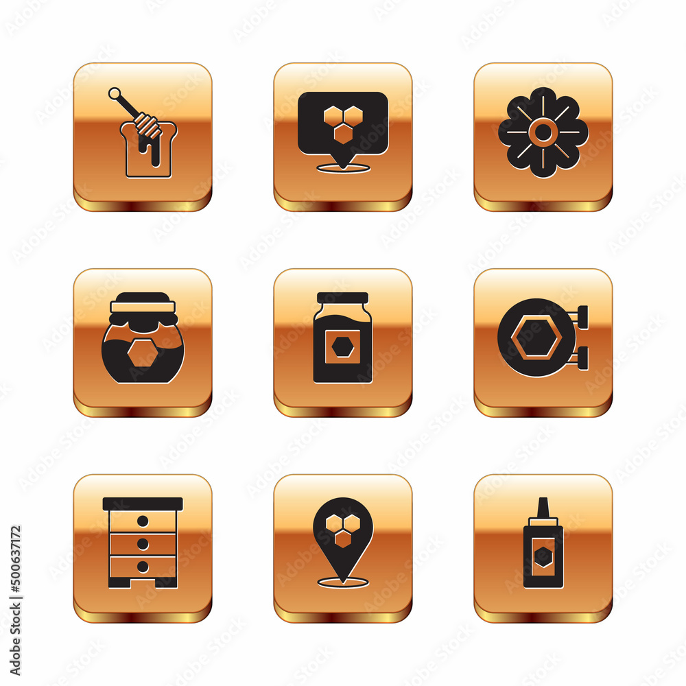 Set Honey dipper stick with honey, Hive for bees, Honeycomb location, Jar of, Flower, and icon. Vector Set Honey dipper stick with honey, Hive for bees, Honeycomb location, Jar of, Flower, and icon. Vector