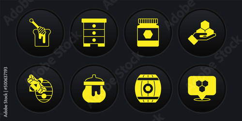 Set Hive for bees, Honeycomb and hand, Jar of honey, Wooden barrel with, location and dipper stick icon. Vector