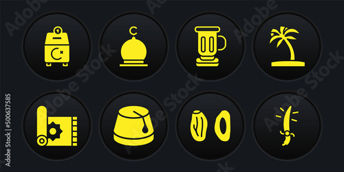 Set Traditional carpet, Tropical palm tree, Turkish hat, Date fruit, Medieval goblet, Muslim Mosque, Arabian saber and Donate or pay your zakat icon. Vector