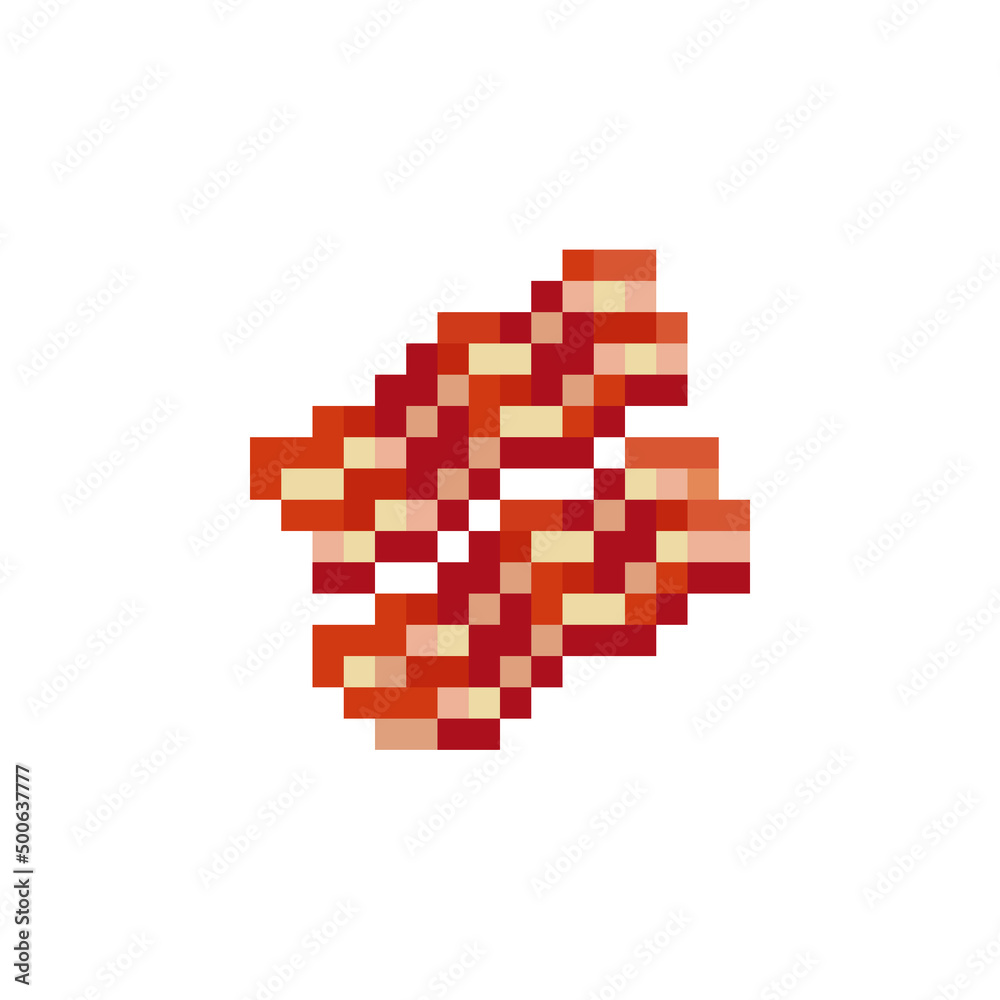 Bacon pixel art icon. 8-bit element, meat , vector illustrations. Retro, 8-bit style, pixelated element for game design. Design for stickers, logo, mobile app.