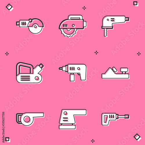 Set Angle grinder, Electric circular saw, jigsaw, planer tool, drill machine, Wood, Leaf garden blower and sander icon. Vector