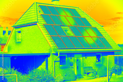 Thermographic inspection of photovoltaic systems by house.Thermovision image of solar panels. Infrared thermovision image. Infrared thermography in inspection of photovoltaic panels. 