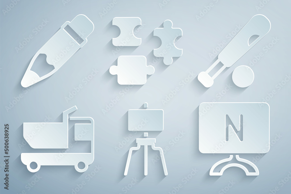 Set Wood easel, Baseball bat with ball, Toy truck, Smart Tv, Puzzle pieces toy and Pencil eraser icon. Vector Set Wood easel, Baseball bat with ball, Toy truck, Smart Tv, Puzzle pieces toy and Pencil eraser icon. Vector