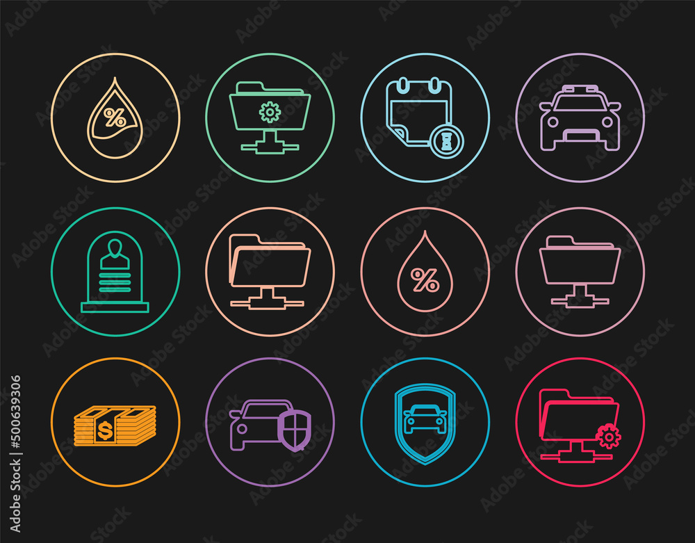 Set line FTP settings folder, Calendar and clock, Tombstone with RIP written, Water drop percentage, and icon. Vector Set line FTP settings folder, Calendar and clock, Tombstone with RIP written, Water drop percentage, and icon. Vector
