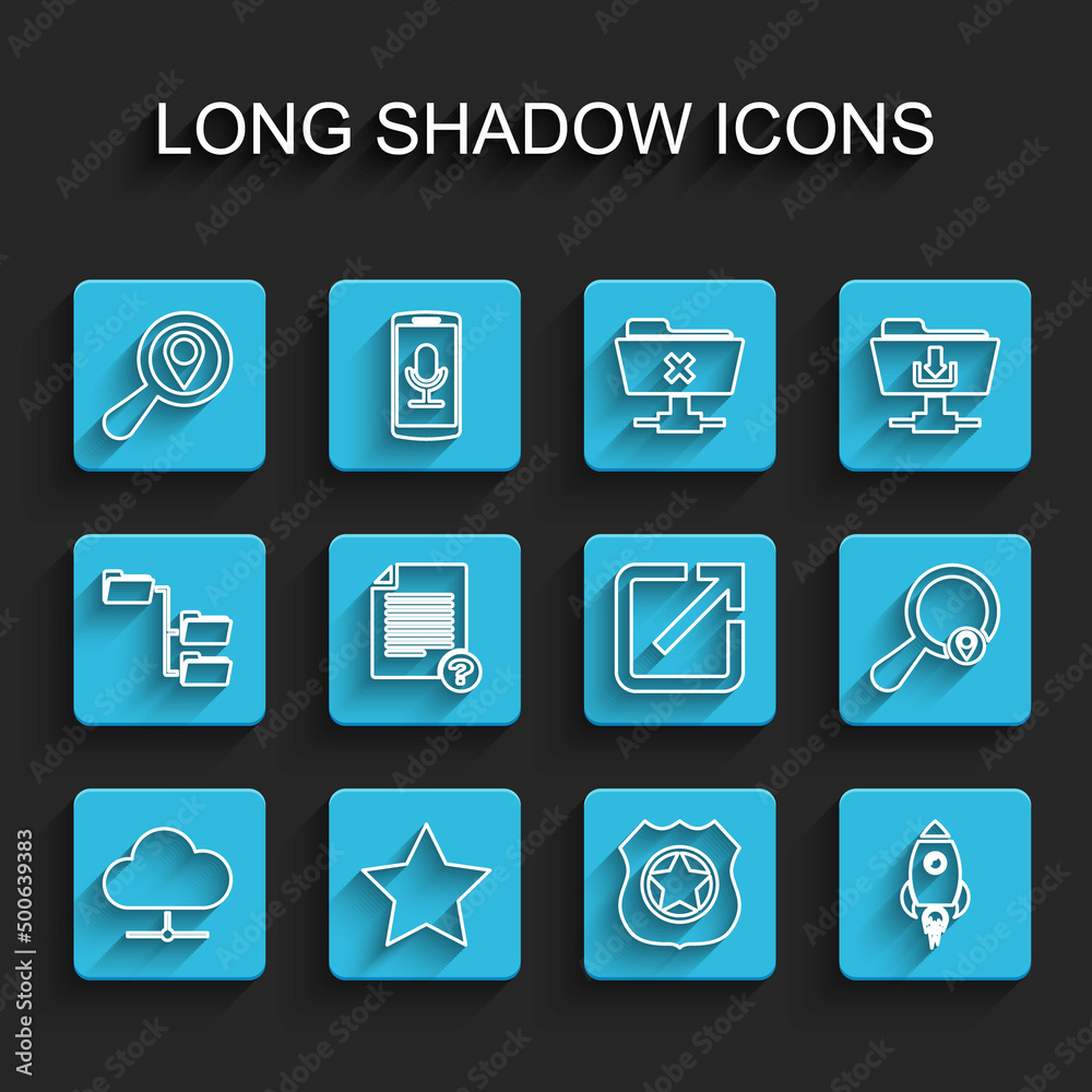 Set line Network cloud connection, Star, Search location, Police badge, Rocket ship with fire, Unknown document, and Open in new window icon. Vector Set line Network cloud connection, Star, Search location, Police badge, Rocket ship with fire, Unknown document, and Open in new window icon. Vector