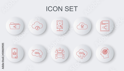 Set line Head hunting concept, Flight mode the mobile, Hard disk drive sharing network, CO2 emissions cloud, Share folder, Music streaming service, Methane reduction and Car icon. Vector