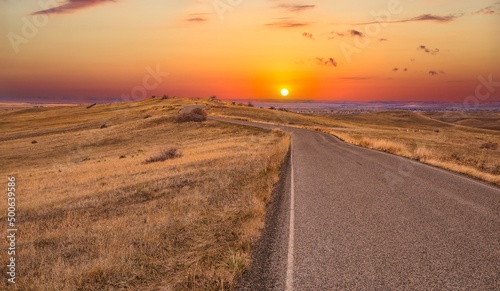 Road at Little bighorn heading into sunrise