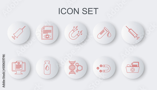 Set line Health record folder, Clinical on monitor, Magnet with lightning, Customer attracting, Syringe, Paper page eye, Medical vial, ampoule and Genetic engineering icon. Vector