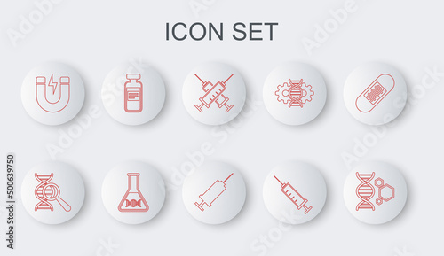 Set line Genetic engineering, DNA research, search, Crossed syringe, Syringe, Magnet with lightning, Medical vial, ampoule, and icon. Vector