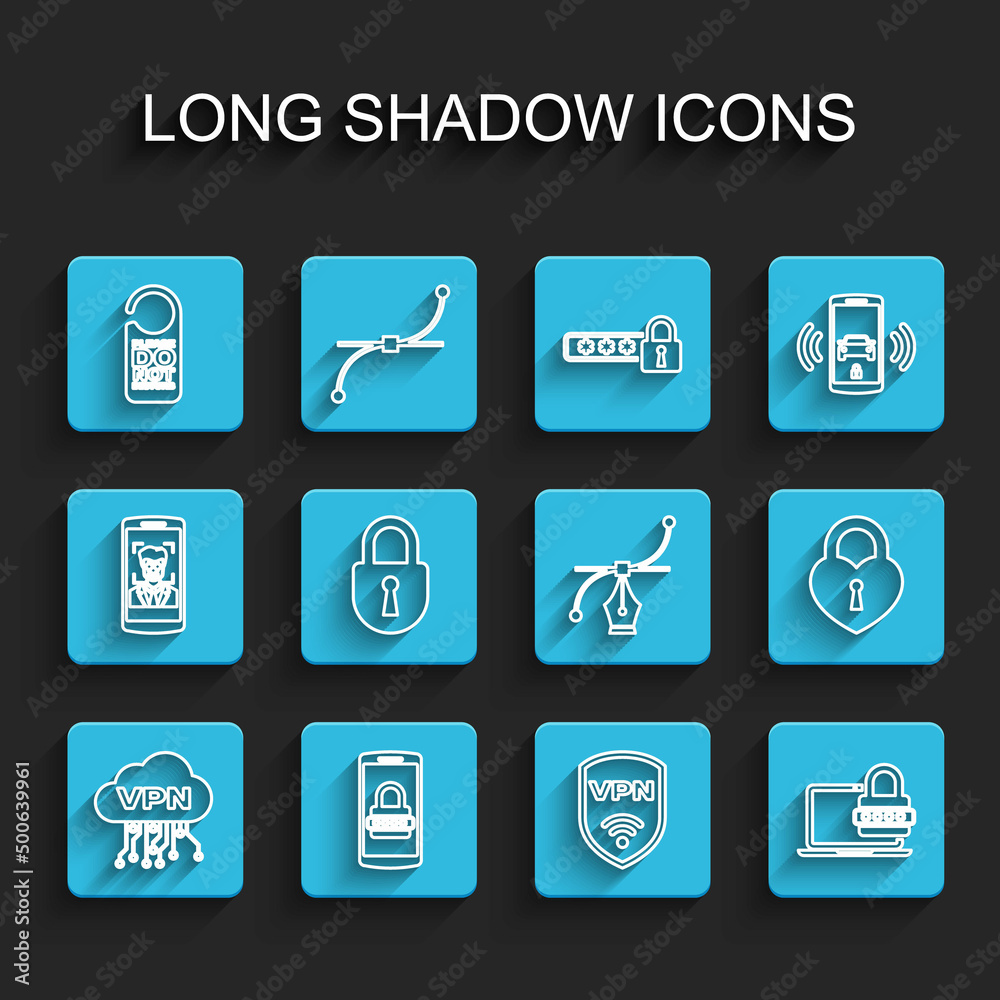 Set line Cloud VPN interface, Mobile and password, Please do not disturb, Shield with wireless, Laptop, Lock, Castle the shape of heart and Bezier curve icon. Vector Set line Cloud VPN interface, Mobile and password, Please do not disturb, Shield with wireless, Laptop, Lock, Castle the shape of heart and Bezier curve icon. Vector