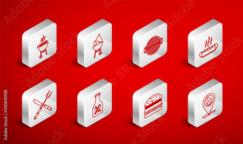 Set line Location with fire flame, Barbecue grill, Hotdog sandwich, Burger, grilled shish kebab, Ketchup bottle and Crossed fork knife icon. Vector