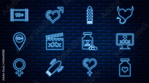 Set line Bottle with pills for potency, Monitor 18 plus content, Dildo vibrator, Movie clapper Sex, Location, Play Video, and Male gender and heart icon. Vector