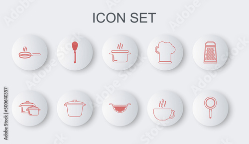 Set line Frying pan, Cooking pot, Coffee cup, Kitchen whisk, and colander icon. Vector