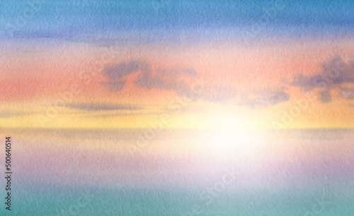 The seascape is painted in watercolor on paper. Colorful drawing, handmade, brush on textured paper. Abstract watercolor background, sunset in the sea. The sun is on the horizon.