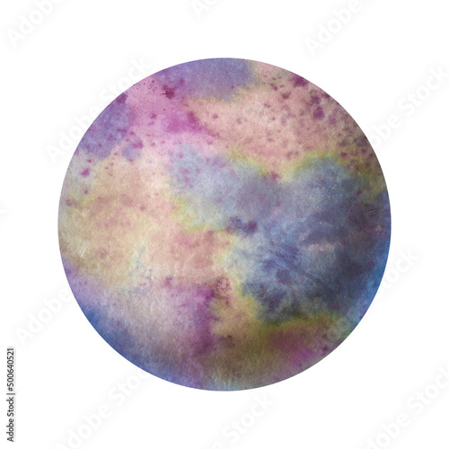 Colorful watercolor drawing of the planet on paper. Abstract planet multicolored, isolate on a white background. Background in a circle.