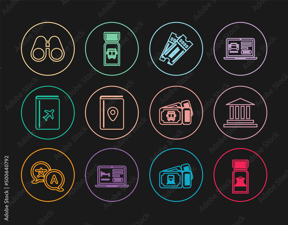 Set line Museum ticket, building, Ticket, Cover book travel guide, Binoculars, Bus and icon. Vector Set line Museum ticket, building, Ticket, Cover book travel guide, Binoculars, Bus and icon. Vector
