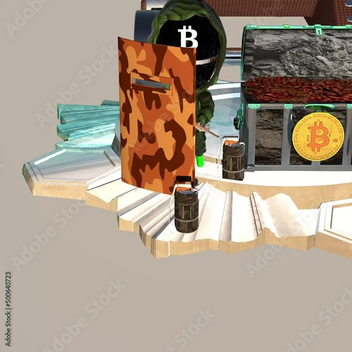 Bitcoin guard soldier with a chest full of coins keeping watch from the enemy. photo