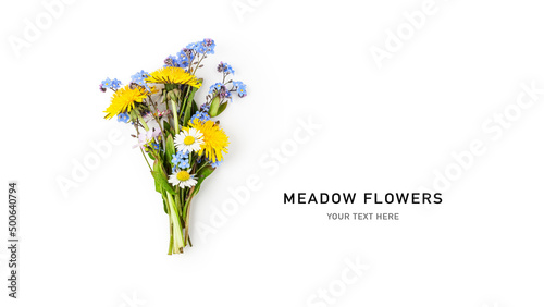 Bouquet of forget me not  dandelion and daisy flowers. Mothers day