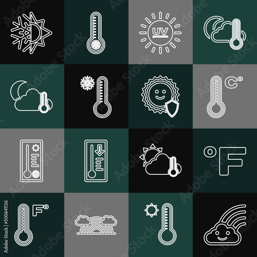 Set line Rainbow with cloud, Fahrenheit, Meteorology thermometer, UV protection, Thermometer and moon, Sun snowflake and icon. Vector