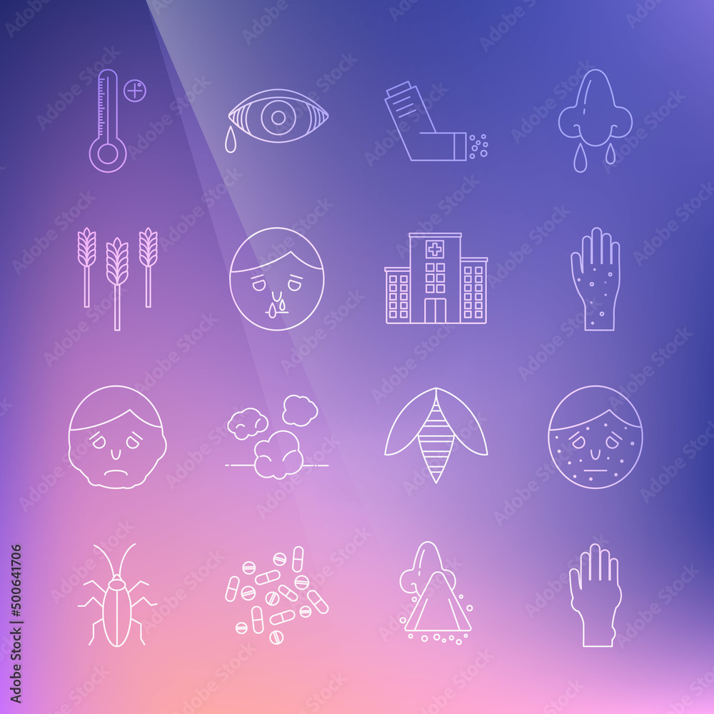 Set line Hand with psoriasis or eczema, Face, Inhaler, Runny nose, Wheat, Medical digital thermometer and hospital building icon. Vector Set line Hand with psoriasis or eczema, Face, Inhaler, Runny nose, Wheat, Medical digital thermometer and hospital building icon. Vector