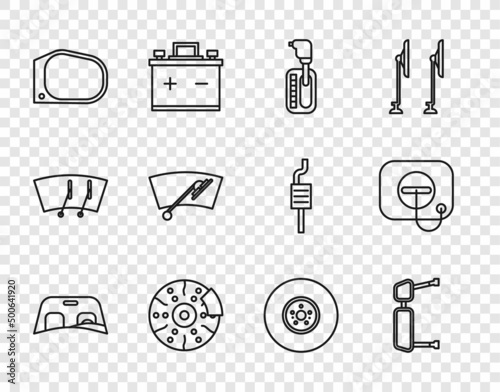 Set line Car windscreen, Truck side mirror, Gear shifter, brake disk with caliper, Windscreen wiper, and Oil filler cap at gas station icon. Vector