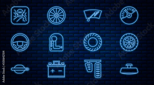 Set line Car mirror, wheel, Windscreen wiper, Gear shifter, Steering, tire and icon. Vector