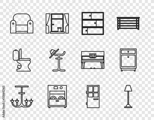 Set line Chandelier, Floor lamp, Shelf, Kitchen dishwasher machine, Armchair, Coat stand, Closed door and Furniture nightstand icon. Vector