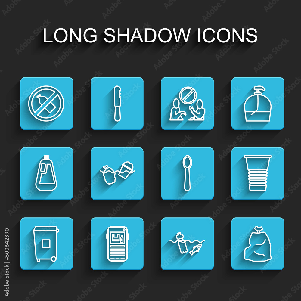 Set line Trash can, Stop plastic pollution, No bottle, Problem of the ocean, Garbage bag, Paper glass and Disposable spoon icon. Vector