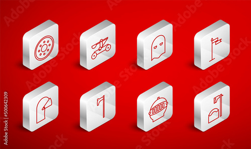 Set line Executioner axe in tree block, Catapult shooting stones, mask, Medieval flag, iron helmet, Round wooden shield, and icon. Vector