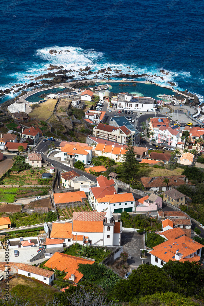 Panoramic view over Porto Moniz village on the Northern coastline of Madeira island, Portugal.