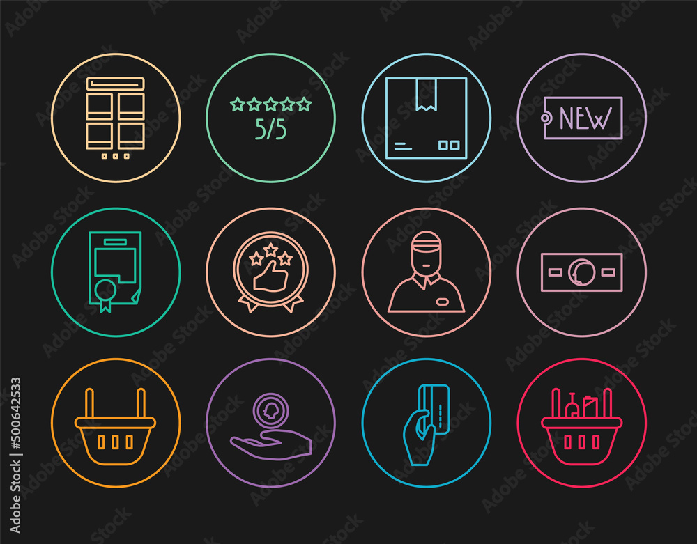Set line Shopping basket and food, Paper money cash, Cardboard box with traffic symbol, Consumer or customer product rating, Certificate template, Online shopping mobile, Seller and icon. Vector Set line Shopping basket and food, Paper money cash, Cardboard box with traffic symbol, Consumer or customer product rating, Certificate template, Online shopping mobile, Seller and icon. Vector