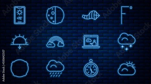 Set line Sun and cloud, Cloud with snow, Cone meteorology windsock wind vane, Rainbow clouds, Sunset, Weather forecast, and Eclipse of sun icon. Vector