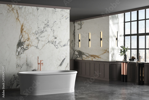 Modern luxury bathroom, white marble walls, bathtub, concrete floor, indoor plants, side view. Beautiful room with modern furniture and window. 3d rendering photo