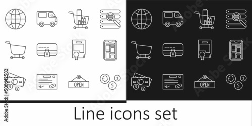 Set line Coin money, Online shopping phone, Shopping cart and food, Credit card with lock, Worldwide, Certificate template and Delivery cargo truck vehicle icon. Vector