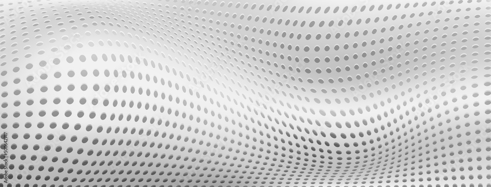 Abstract halftone background with curved surface made of small dots in white and gray colors