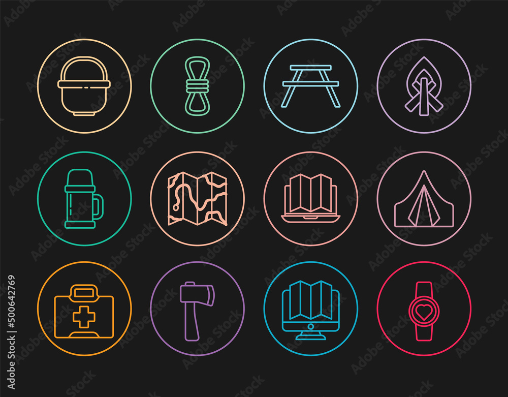 Set line Smart watch showing heart beat rate, Tourist tent, Picnic table with benches, Location of the forest on map, Thermos container, Camping pot, laptop and Climber rope icon. Vector Set line Smart watch showing heart beat rate, Tourist tent, Picnic table with benches, Location of the forest on map, Thermos container, Camping pot, laptop and Climber rope icon. Vector