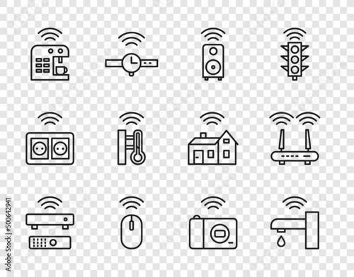 Set line Wireless TV box receiver, Smart water tap, stereo speaker, mouse, coffee machine, thermometer, photo camera and Router and wi-fi signal icon. Vector