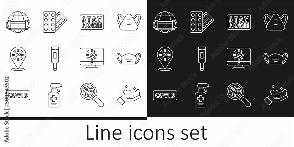 Set line Washing hands with soap, Medical protective mask, Stay home, thermometer, Corona virus 2019-nCoV on location, Earth medical, Virus statistics monitor and Pills blister pack icon. Vector