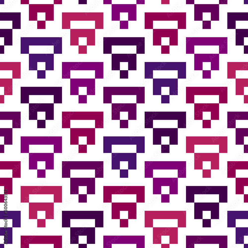 Geometric pixel art seamless pattern. Retro arcade game motif geo print. Repeated arcs, brackets background