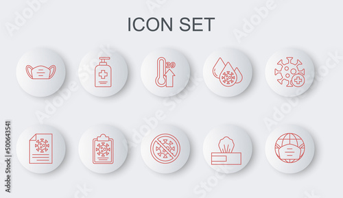Set line Earth with medical mask, Clipboard blood test results, High human body temperature, Wet wipe pack, Medical protective, Liquid antibacterial soap, and Stop virus icon. Vector