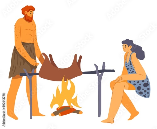 Ancient people cooking meal on bonfire vector