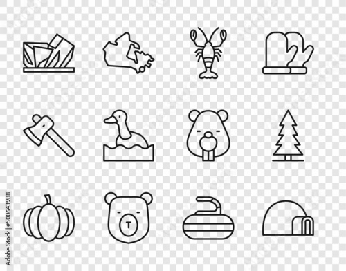 Set line Pumpkin, Igloo ice house, Lobster, Bear head, Royal Ontario museum, Flying duck, Stone for curling and Canadian spruce icon. Vector