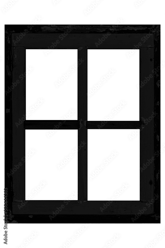 Old wooden window frame painted black vintage isolated on a white background