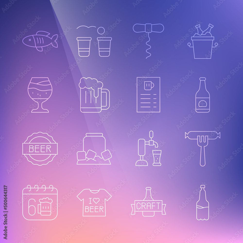 Set line Plastic beer bottle, Sausage on the fork, Beer, Wine corkscrew, Wooden mug, Glass of, Dried fish and menu icon. Vector Set line Plastic beer bottle, Sausage on the fork, Beer, Wine corkscrew, Wooden mug, Glass of, Dried fish and menu icon. Vector