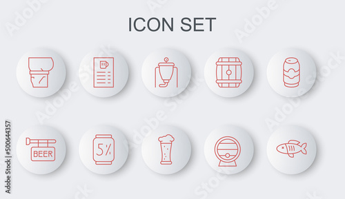 Set line Dried fish, Street signboard with Beer, brewing process, Wooden barrel on rack, belly, menu, can and Glass of beer icon. Vector